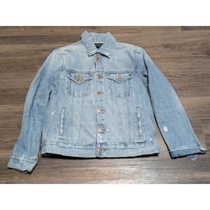 Lucky Brand Trucker Denim Jacket Light Wash Distressed Blue Mens Medium